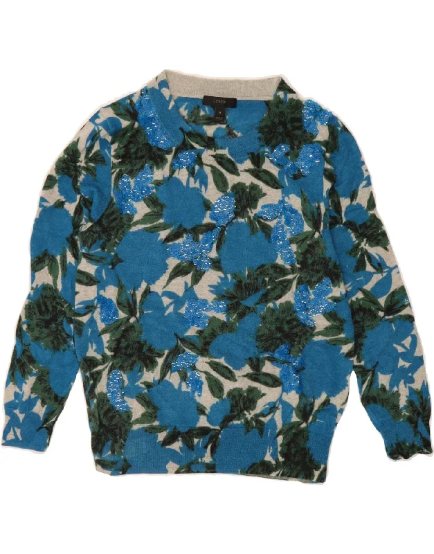 J. CREW Womens Crew Neck Jumper Sweater UK 12 Medium Blue Floral Mesh Sweater Canvas Denim