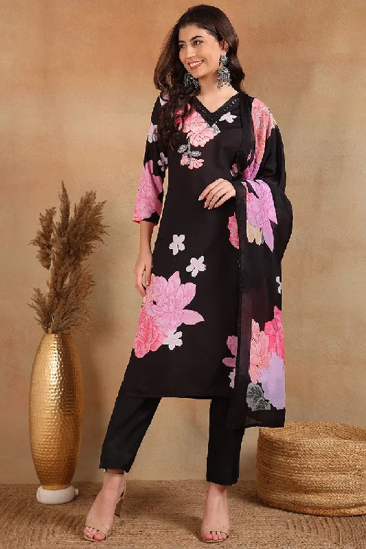 Black Cotton Blend Floral Printed Straight Trouser Suit Set Trousers Timeless Classic