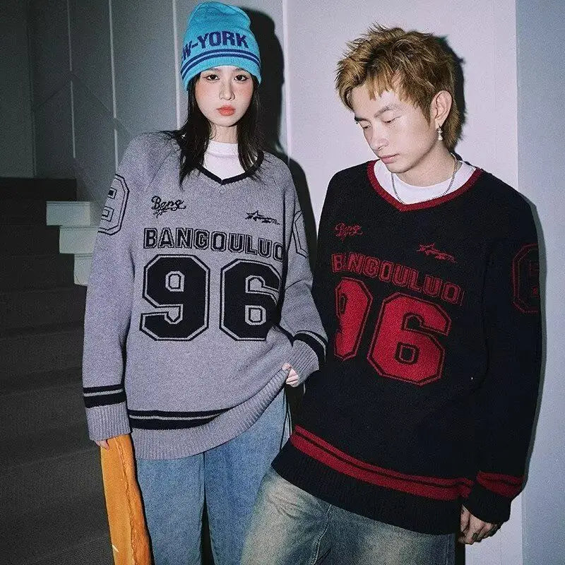 Advbridge Korean Oversized Sweater Womens Alphanumeric Knitted Pullover Sweater Y2k Autumn and Winter Design Lazy Couple College Style Top Spaghetti Sleeve Top