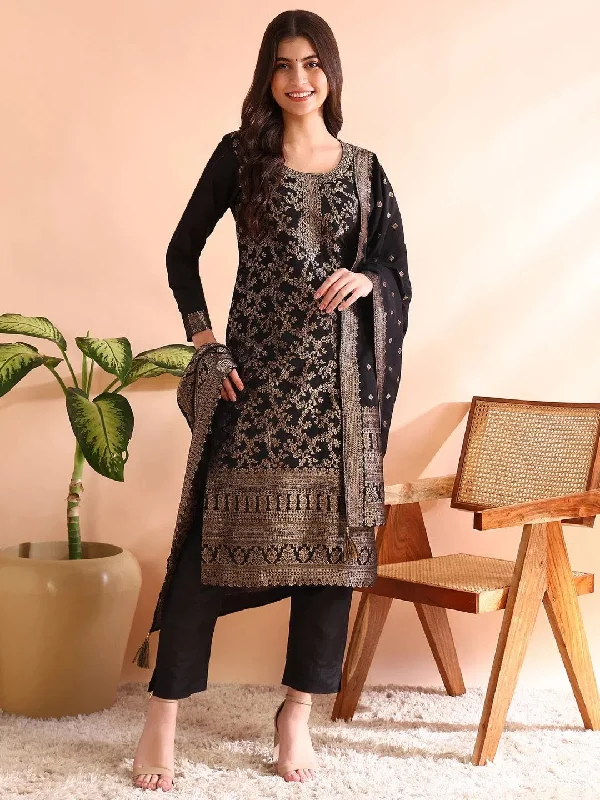 Ahika Women Black Chanderi Cotton Woven Design Straight Kurta Trousers With Dupatta-PKSKD2590 Trousers Plaid Checkered