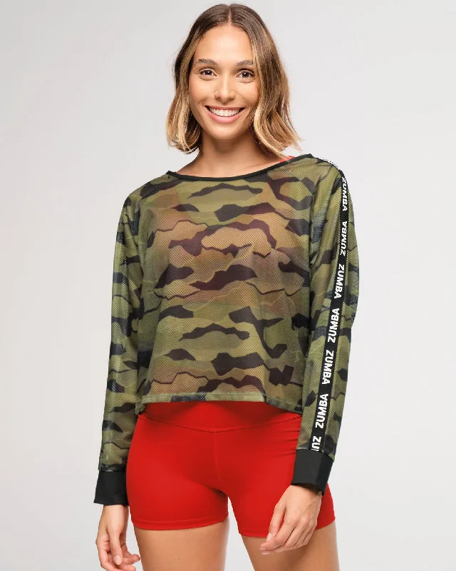 Zumba Explore Raglan Mesh Pullover - Olive Expedition Notched Neck Pullover