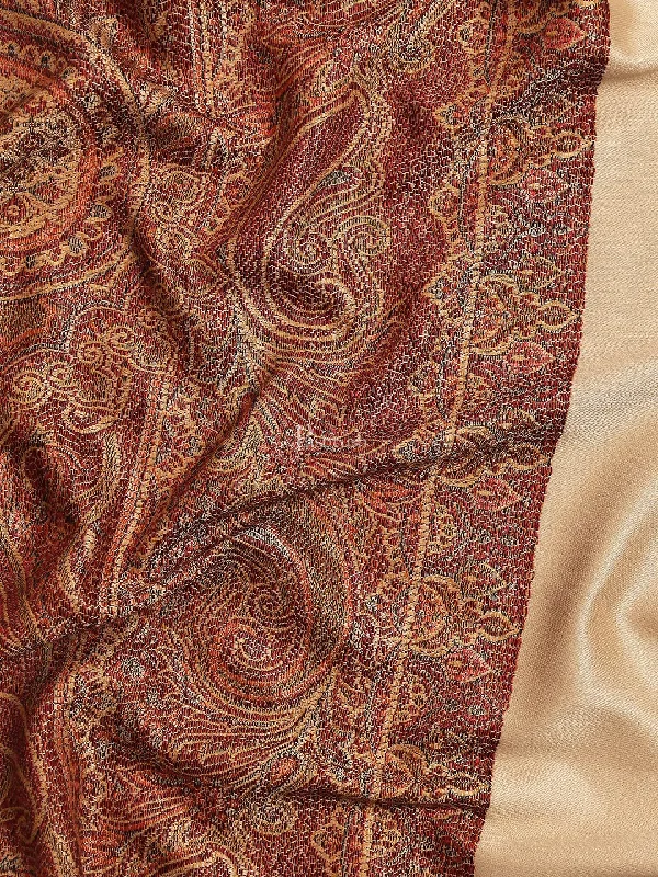 Pashtush Women's Jamawar Reversible Shawl, coffee and beige Fashionable Wool Shawl Cape