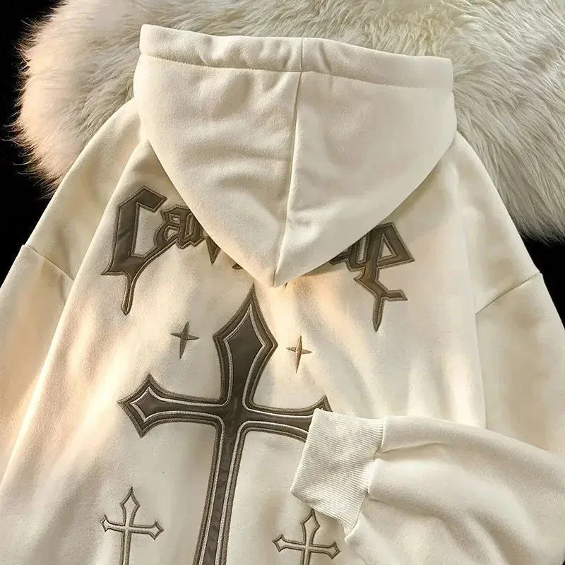 Advbridge 90s Streetwear Oversized Retro Cross Letter Printing Sweatshirts Women Loose Casual Hoodies Couple Grunge Punk Pullover Jackets Y2k Clothes Lantern Sleeve Elegant