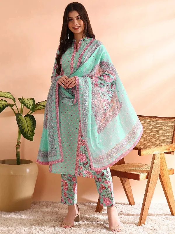 Ahika Women Turquoise Blue Poly Rayon Floral Printed Straight Kurta Trousers With Dupatta-PKSKD2572BLU Wide Leg Loose Fit Mid Waist