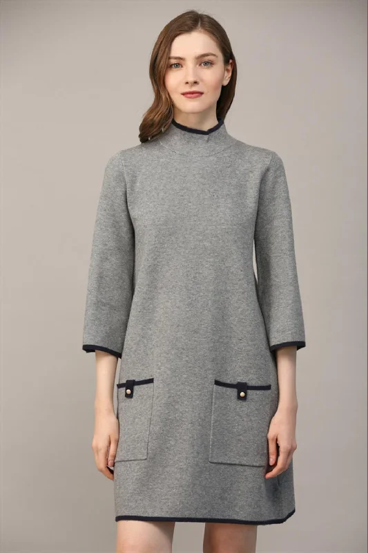 Dress - Mock Neck Sweater Dress - Gray and Navy Oversized Loose Flowy