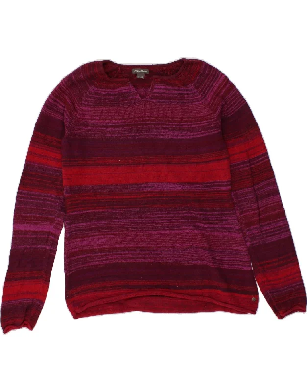 EDDIE BAUER Womens V-Neck Jumper Sweater UK 6 XS Purple Striped Cotton Soft Cozy Warm
