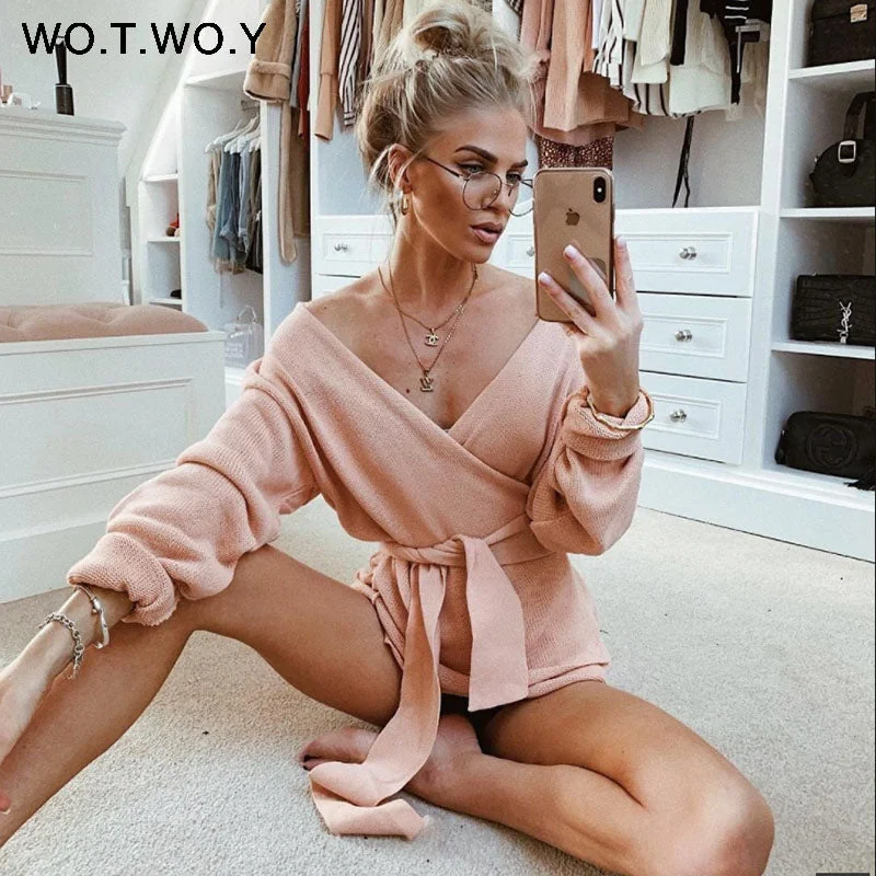 WILUXE Lace Up V Neck Cross Winter Knitted Sweaters Women Off-shoulder Pink Streetwear Sexy Oversized Cardigans Women 2019 Hot Spandex Rayon Corduroy