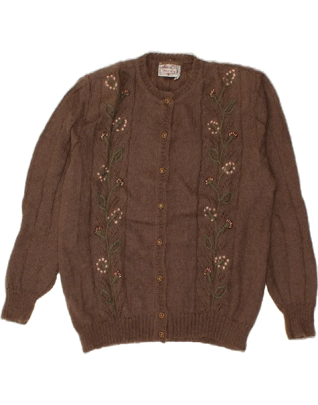 VINTAGE Womens Cardigan Sweater EU 50 3XL Brown Floral Mohair Notch Collar Peter Pan Collar Cowl Neck