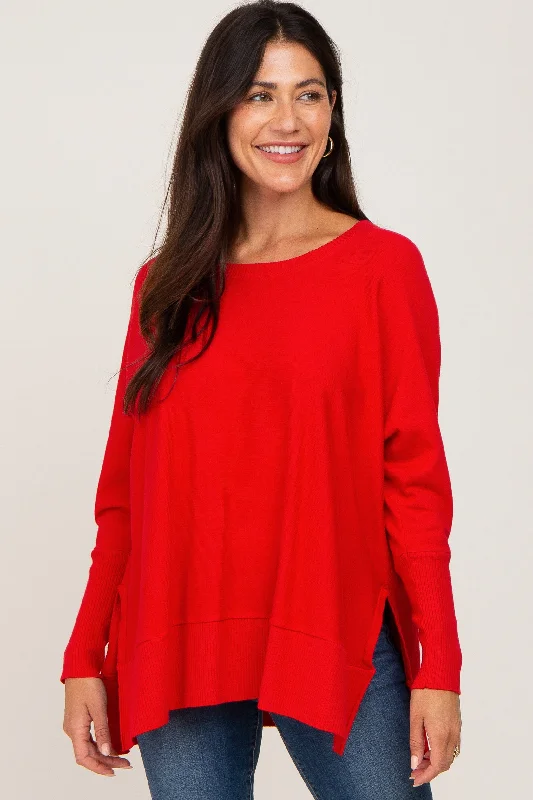 Red Dolman Sleeve Side Slit Sweater Elegant Classic Vintage