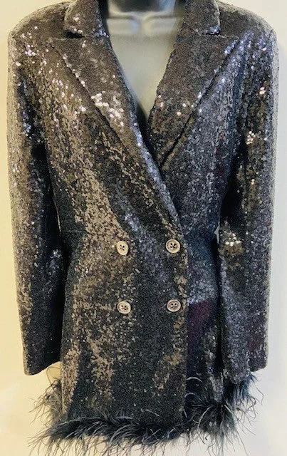 BLACK SEQUIN FEATHER DOUBLE BUTTON JACKET Tailored Jacket Straight Jacket A-Line Jacket