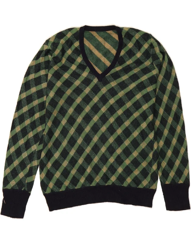 VINTAGE Womens V-Neck Jumper Sweater UK 16 Large Green Check Transparent Opaque Sheer