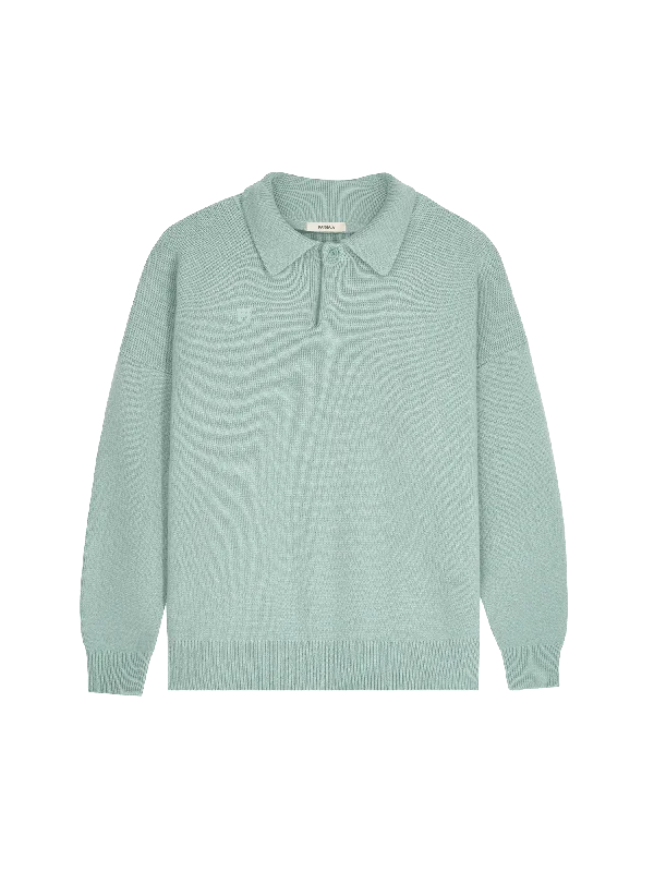 Womens Recycled Cashmere Polo Sweater—eucalyptus blue Boat Neck Shawl Collar Notched Collar