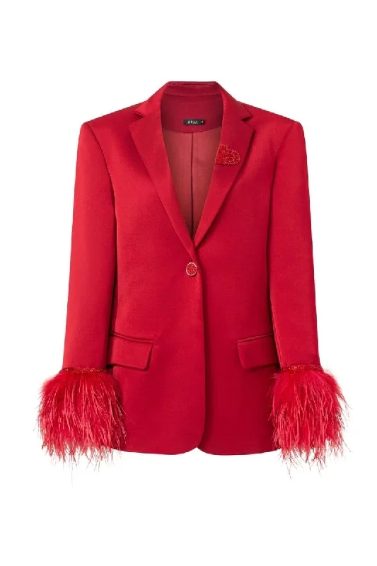 RED KELLY TAFFETA FEATHER SUIT JACKET Snapped Jacket Toggled Jacket Drawstring Jacket