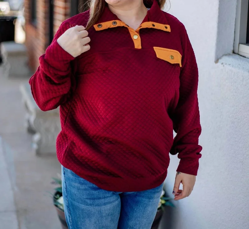Kennedy Quilted Pullover In Burgundy Scalloped Neck Pullover