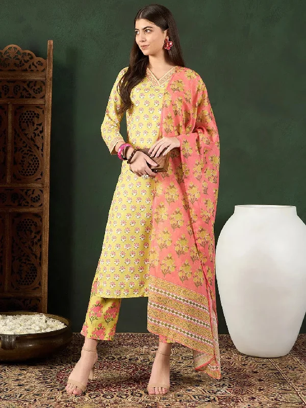 Ahika Women Yellow Rayon Blend Floral Printed Straight Kurta Trouser With Dupatta-VKSKD2238 Trousers cozy soft