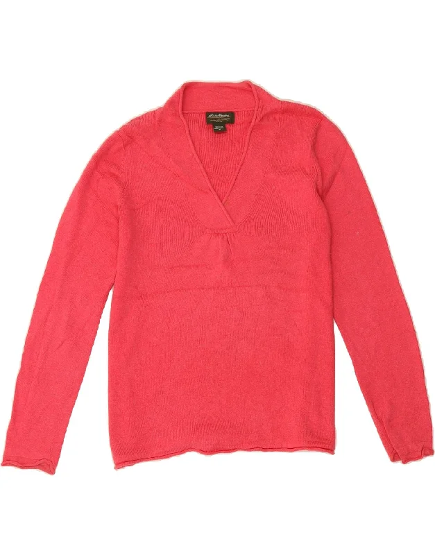 EDDIE BAUER Womens V-Neck Jumper Sweater UK 14 Medium Pink Cotton Fitted Slim Tailored