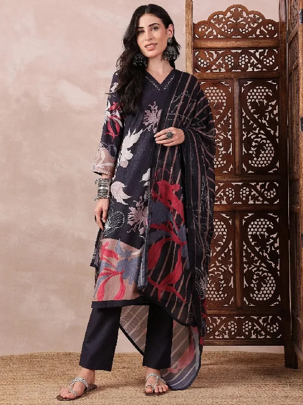 Ahika Women Black Silk Blend Floral Printed Straight Kurta Trouser With Dupatta-PKSKD2543BLK High Waist Slim Fit Ankle Length