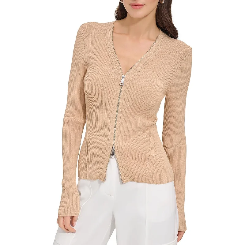 Womens Ribbed Knit Zipper Pullover Top One Shoulder Top