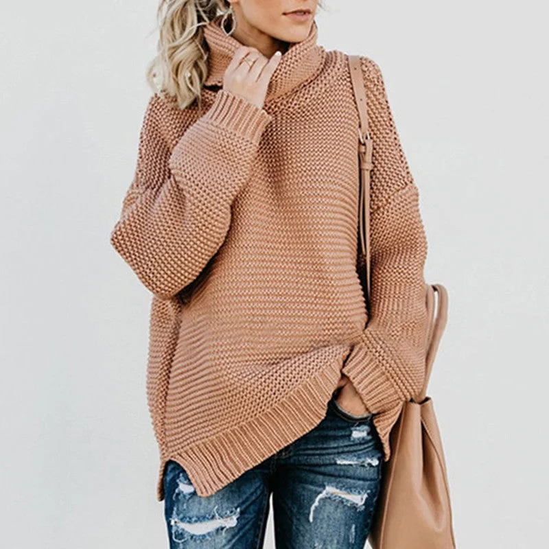 WILUXE  Women Retro Turtleneck Knitted Long Pullovers Autumn Winter Casual Loose Solid Sweaters Thick Knitting Jumper Pull Hooded Sweater Collared Sweater Shawl Collar