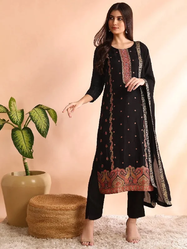 Ahika Women Black Silk Blend Geometric Woven Design Straight Kurta Trouser With Dupatta-PKSKD2582 Trousers Hiking Durable