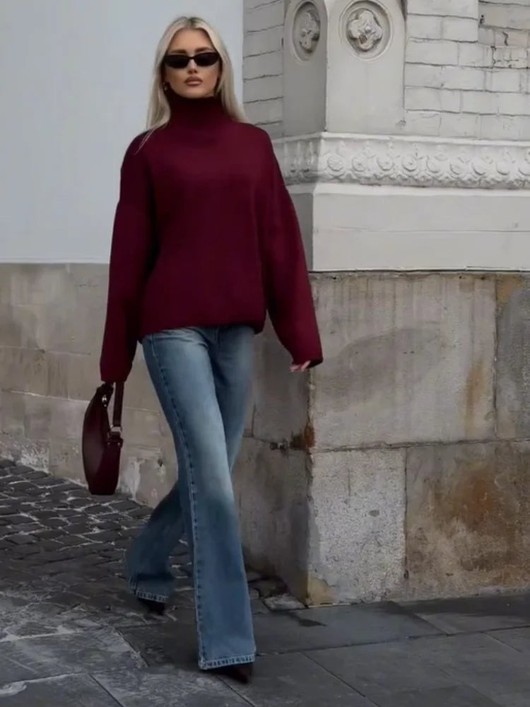 Advbridge 2024 Classic Burgundy Turtleneck Pullover Fashion Long Sleeve Loose Women's Sweater Female Autumn Winter New Commuting Knitwear Ruffled Neck Pullover