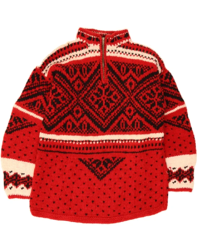 VINTAGE Womens Zip Neck Jumper Sweater UK 16 Large Red Fair Isle Zippered Front Buttoned Front Snap Front