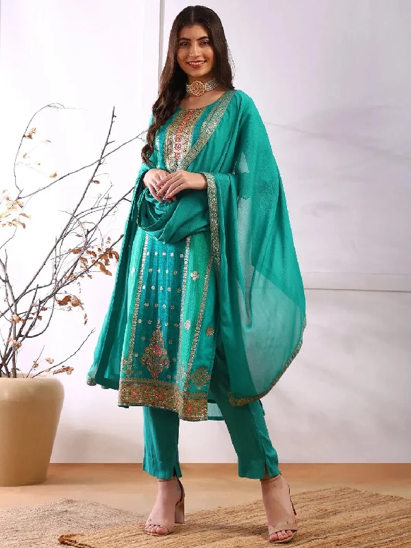 Ahika Women Teal Organza Abstract Woven Design Straight Kurta Trouser With Dupatta-PKSKD2580 Trousers Leisure Comfortable