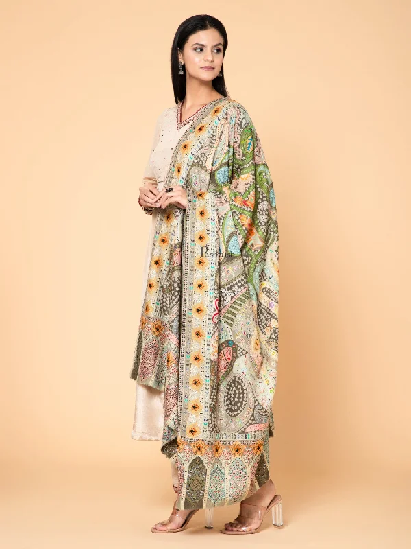 Pashtush Womens Kalamkari Shawl, Outline Hand Embroidery, Intricate Paisley Work, Azure Pastel Hues Elegant Pashmina Shawl Cape