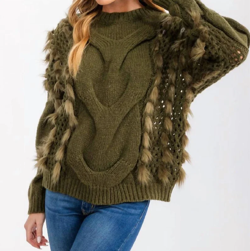 Cable Knit Pullover Sweater In Olive Green Oblong Neck Pullover