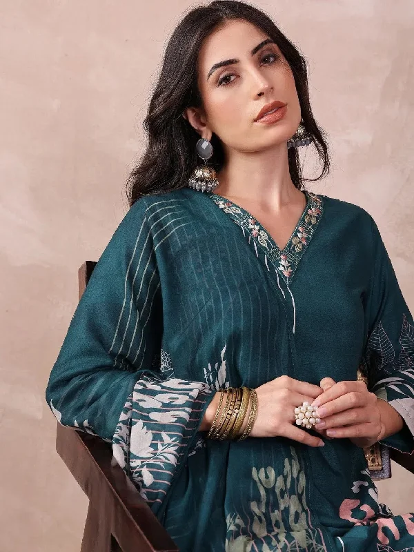 Ahika Women Teal Silk Blend Abstract Printed Straight Kurta Trouser With Dupatta-PKSKD2547TIL Trousers Bestseller Popular