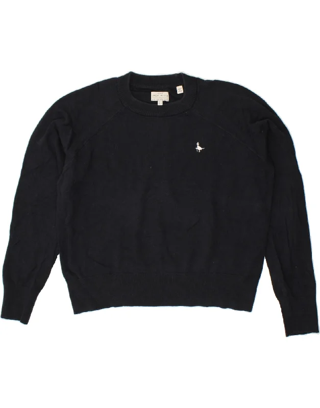 JACK WILLS Womens Crew Neck Jumper Sweater UK 14 Medium Navy Blue Cotton Faux Fur Fabric Real Fur Fabric Shearling Fabric
