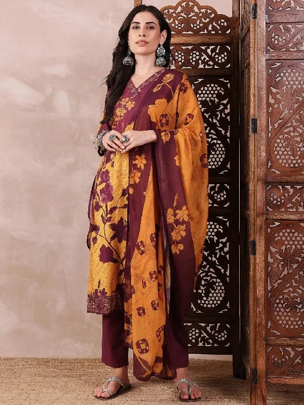 Ahika Women Yellow Silk Blend Floral Printed Straight Kurta Trouser With Dupatta-PKSKD2545YLW Trousers chic elegant