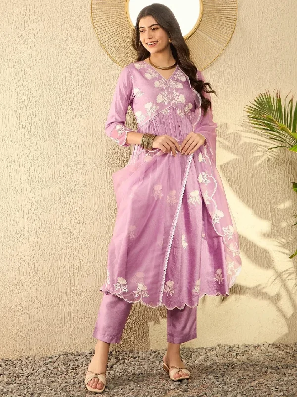 Ahika Women Lavender Silk Blend Solid Embroidered A-Line Kurta Trouser With Dupatta-PKSKD2594 Trousers Top Rated