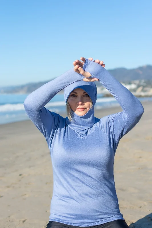WOMEN'S HOODED PULLOVER RASH  - DENIM BLUE (Double Brushed) Soft Wool Sweater