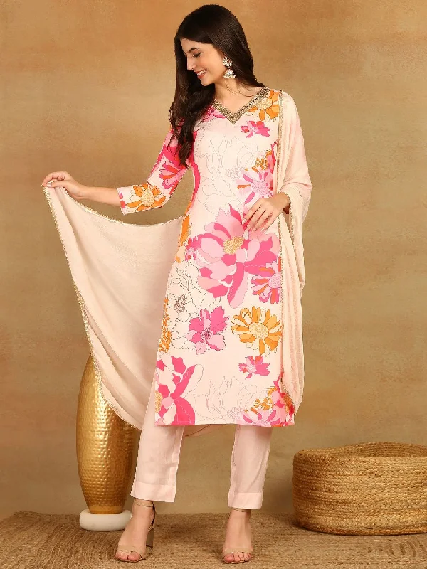 Pink Rayon Blend Floral Printed Straight Kurta Trouser With Dupatta Trousers Top Rated