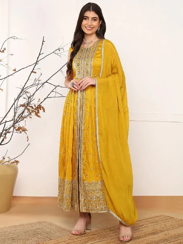 Ahika Women Mustard Silk Blend Solid Embroidered A-Line Kurta Trouser With Dupatta-PKSKD2562MYLW Trousers Mesh Breathable