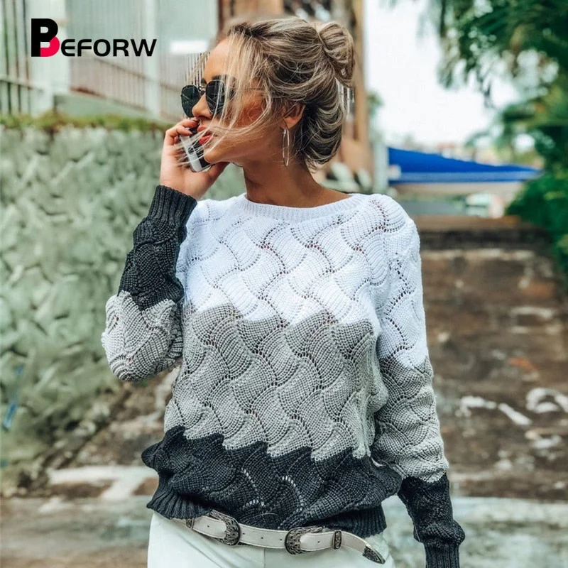 WILUXE 2019 Women Winter Long Sleeve Crewneck Knitted Pullover Sweater Vintage Splice Casual Fall Womens Sweaters Pullovers Tops Stylish Fashionable Trendy