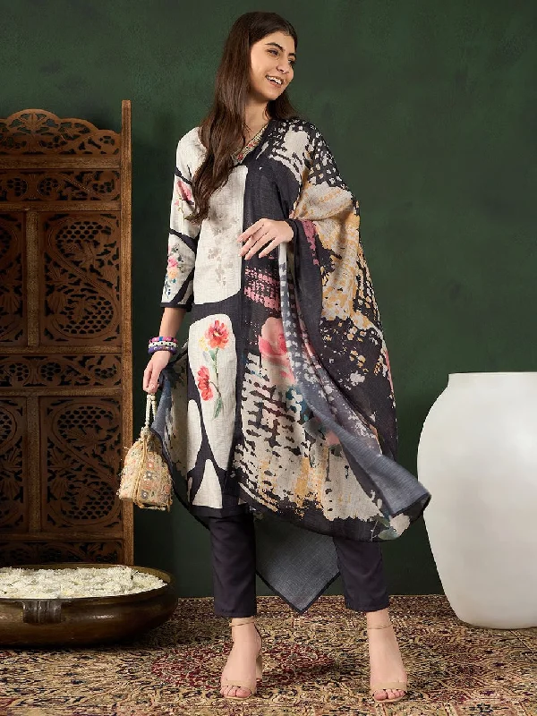 Black Silk Blend Floral Printed Straight Kurta Trouser With Dupatta Wide Leg Loose Fit Mid Waist