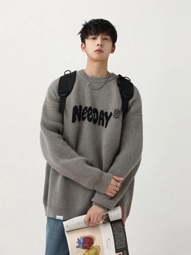 Advbridge Hip Hop Letter Print Knitted Pullovers Sweaters Men Women Fall Winter Casual Couple Thickened Oversize Vintage Sweater Top One Shoulder Top