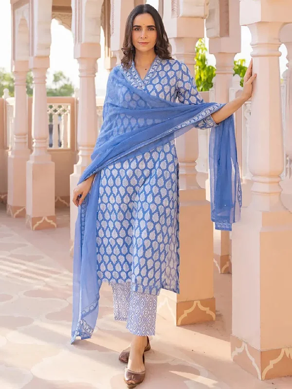 Ahika Women Blue Viscose Rayon Paisley Printed Straight Kurta Trouser With Dupatta-VKSKD2219BLU Trousers Exclusive Limited