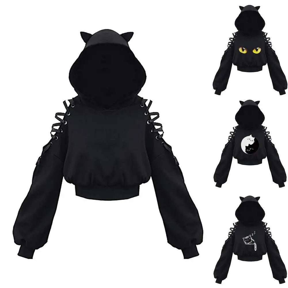 Advbridge Harajuku Women Summer Top Long Sleeveless Cute Cat Ear Hooded Pullover Lace Up Sweatshirt Hollow Out Lace Up Hoodies Short Top Flutter Sleeve Feminine