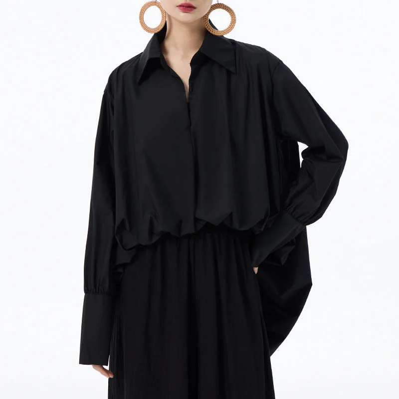 Loose Fit Pullover Crumpled Long Sleeve Shirt Bishop Sleeve Elegant