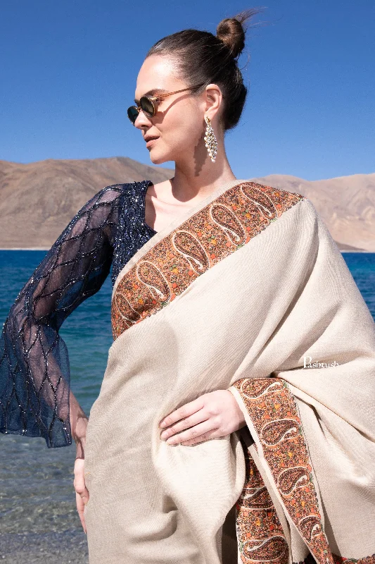 Pashtush Womens Fine Wool Shawl, Kashmiri Embroidery, Ambi Daur With Metallic Border Design, Beige Warm Cashmere Shawl Wrap