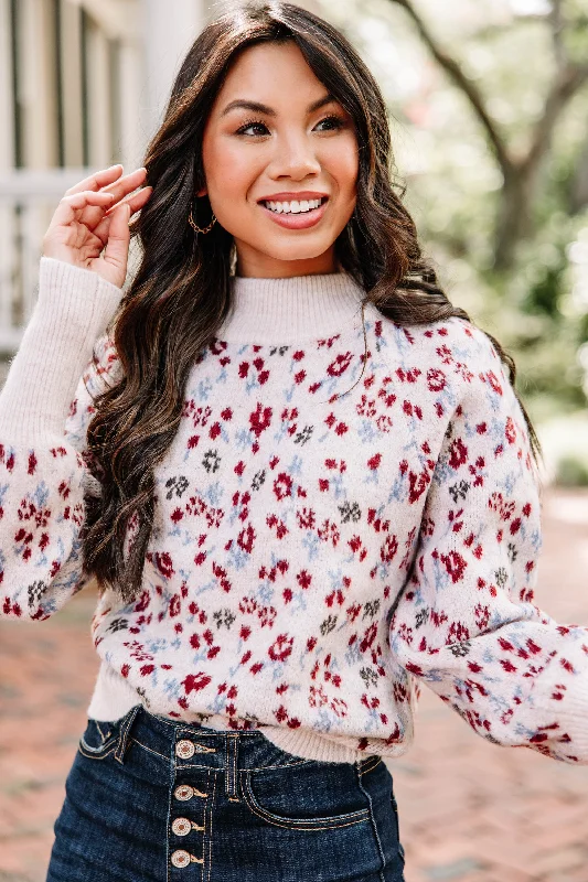 All In Fun Natural White Floral Sweater Herringbone Houndstooth Plaid