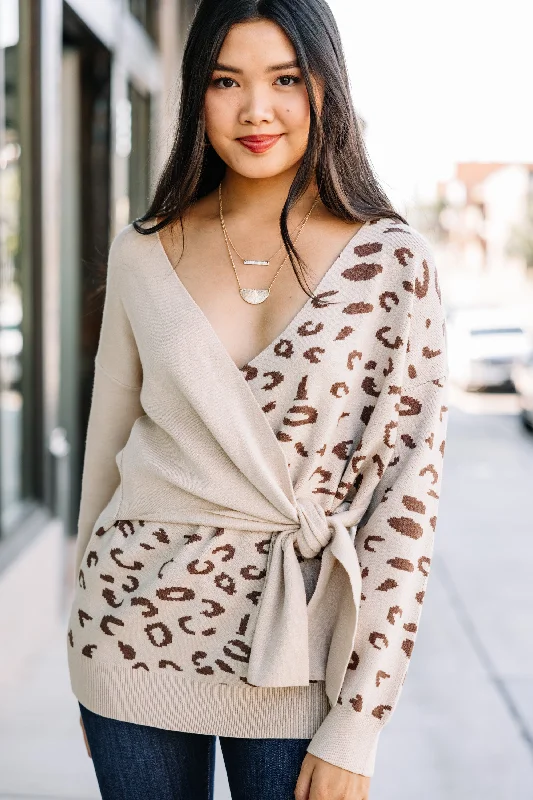 Together Forever Taupe Brown Leopard Sweater Collared Crew Neck Turtle Neck