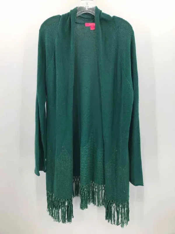 Pre-Owned Lilly Pulitzer Green Size Large Long Cardigan Sweater Solid Color Striped Floral Print