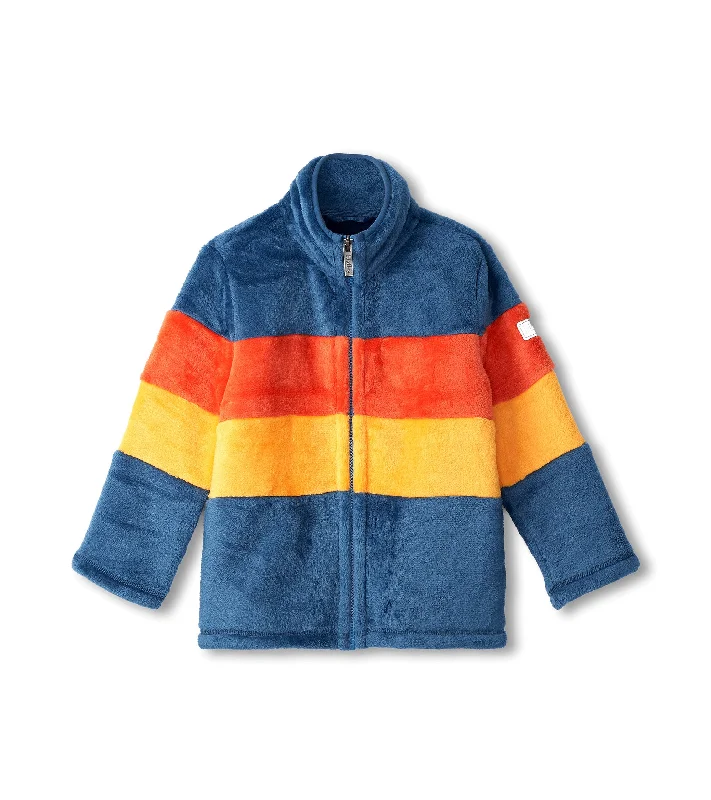 Color Block Stripes Fuzzy Fleece Zip-Up Jacket | Navy Welt Pockets Slit Pockets Flap Pockets