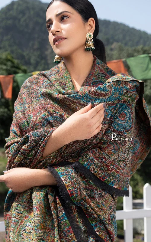 Pashtush women pure wool, woolmark certified shawl, ethnic weave design, multicolour Cozy Wool Shawl Scarf