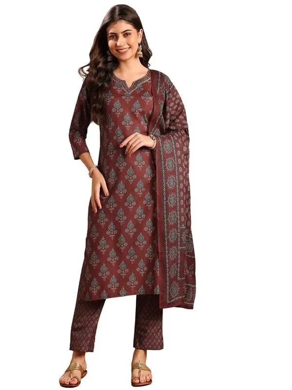 Ahika Women Brown Rayon Blend Floral Printed Straight Kurta Trousers With Dupatta-VKSKD2250 Trousers chic fashionable