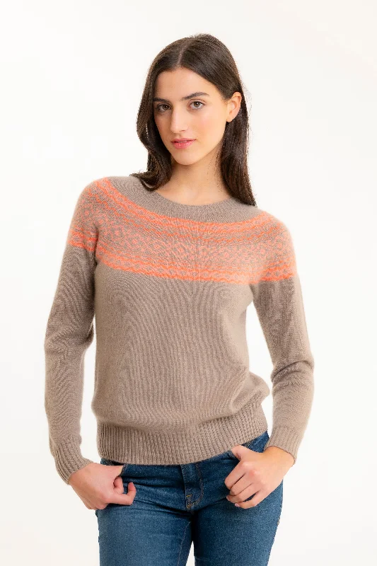 Fair Isle Cashmere Sweater Dark Beige Mesh Blend Leather Blend Suede Blend